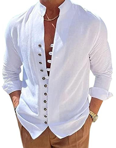 Puimentiua Leinenhemd Herren,Langarm Leinen Hemden,Sommer Freizeithemd,Sommerhemd mit Stehkragen und Knopfleiste (Weiß,L)