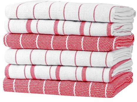 Zeppoli Classic Kitchen Towels - 6 Pack 100% Natural Cotton Towel Set, Reusable Wash Cloths, Absorbent Dish Towels, Machine Washable Hand Towels, Kitchen Essentials, 20 x 28 - Red VAR