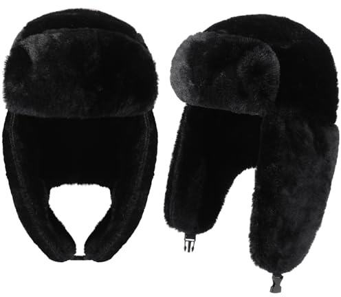Twistover 2 piezas de sombrero de trampero Y2K sombreros Ushanka ruso cálido gorro esponjoso a prueba de viento sombrero de invierno para hombres mujeres esquí caza, Negro -, talla única