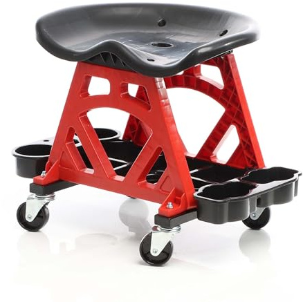 XPOtool Carro de taller con asiento con ruedas hasta 150 kg, asiento de taller giratorio 360°, con bandeja para herramientas