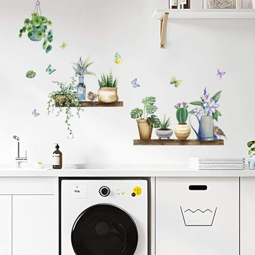 Tanlaby Verde Piante in Vaso Adesivi Murali Rimovibili Casa Farfalla Adesivi Parete Autoadesive Sticker Muro Per Soggiorno Camera da Letto Tv Sfondo Decorazione Murale