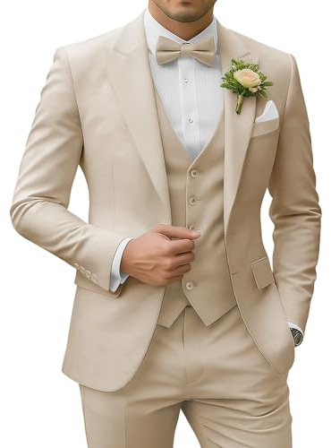SPTALLFITJSV Men's 3 Piece Suits Slim Fit Peak Lapel 2 Button Blazer Jacket Vest Pants Set Wedding Business Prom Party Suit, Beige, 6XL