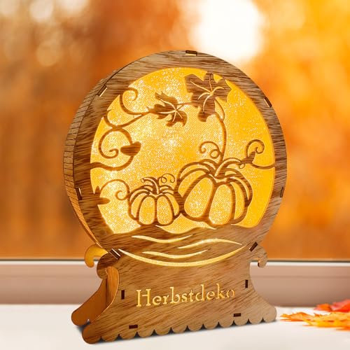 ACAREY Herbstdeko Beleuchtung Hölz Herbst Dekoration Herbst Deko Lampe mit 3D Kürbis Deko, Herbst Deko Laterne Kürbis Beleuchtet Kürbis Laterne Für Schlafzimmer Wohnzimmer Tisch Deko
