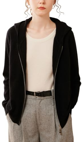 DISSA Cardigan Cachemire Femme Noir Capuche Fermeture éclair Tricoté en Vrac Manches Longues épais Pull en Cachemire et Laine,EU 42,SPR2450