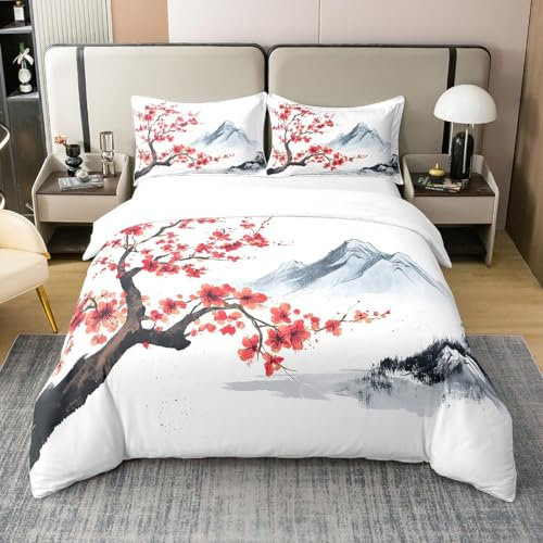 Homewish Japanischer Stil 100% Baumwolle Bettbezug 220x240,Japanischer Ukiyo E Tröster Bezug für Bett,Kirschblüten Blumen Weiche Bettwäsche Set für Kinder Teens,Hügel Blumen Botanische Bettbezug