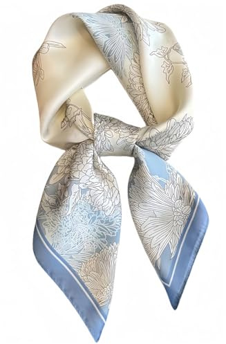 MEDUOLA Echarpes et Foulards femme style vintage Satin Foulard Carré Moyen Élégant au Toucher Soie 70×70 cm (Chrysanthème bleu clair)