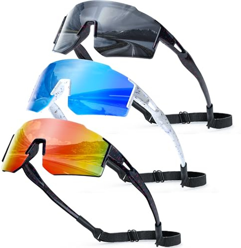 TTOAOKE 3PACK Kids Sunglasses Youth Baseball Glasses for Boys Girls Age 6-14, Sports UV400 Goggles for Softball Cycling (3PACK-Blue+Red+Black-T01)