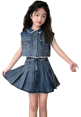 amropi Niñas Jeans Falda Set Mezclilla Chaqueta Sin Mangas Botón Chaleco 2 Piezas Verano Conjunto de Ropa para 3-10 años