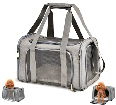 Sac Transport Chat Chien avec Matelas Peluche Amovible & Bandoulière Réglable, Caisse Pliable Respirant Souple Extérieur pour Animal Compagnie, Cage pour Voyage Train/Voiture/Restaurant/Avion(Gris)