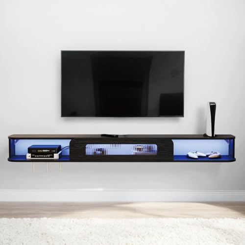 Pmnianhua Soporte flotante para TV con luces LED, mueble de TV montado en la pared de madera maciza con puerta de cristal, centro de consola de medios de entretenimiento de mediados de siglo, estante