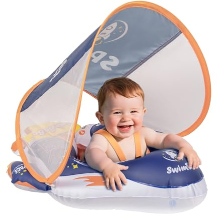 Woukksy Anello Nuoto per Bambini con Cappottina Rimovibile, Modello da Maschietto di Aiuto al Galleggiamento per Neonati con Sedia a Lettino, Allenatore per il Nuoto Antiribaltamento Gonfiabile