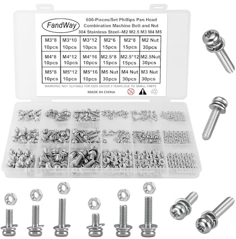600 Piezas Tornillo y Tuercas y Arandelas M2 M2,5 M3 M4 M5 Tornillos Cruz Cabeza Redonda, Tornillos Cabeza Alomada Phillips de Máquina, Métrica Rosca Completa Acero inox 304.