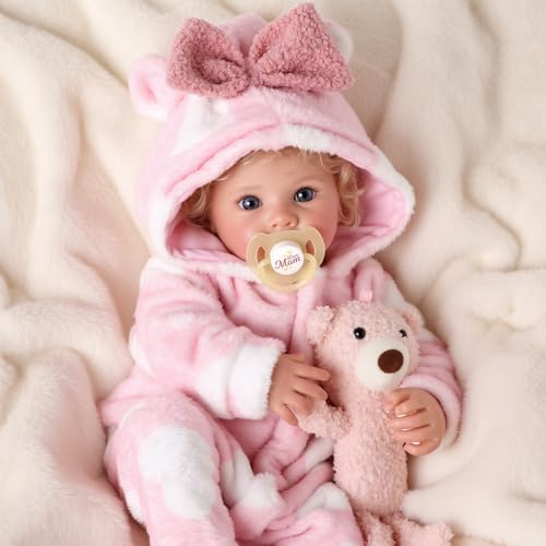 BABESIDE Lebensechte Reborn-Babypuppen 43 cm Realistische Neugeborenenpuppe Mädchen Weicher Körper Blondes Lockiges Haar Lebensechte Puppen mit Geschenkbox für Kinder ab 3 Jahren, Sammlerstücke