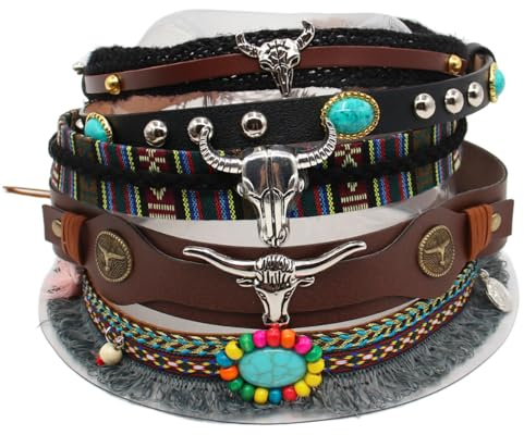 5 stilar Cowboy-hattband, kreativa och multifunktionella läderhattband, herrhattband, västerländskt hattband, hatttillbehör för kvinnor och män 56–58 cm