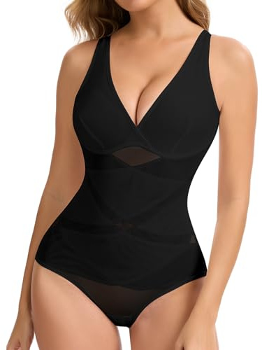 SHAPERIN Women Shapewear Bodysuit Mesh Tummy Control Slimming Bodysuits | Waist Trainer Body Shaper Summer V Neck Tank Top Butt Lifter Compression Leotard for Daily Wedding Party