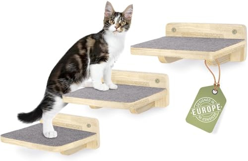 WOOWOOD® Kletterwand Katzen | Katzentreppen 3er-Set | Katzentreppe Wand | Katzen Kletterwand Set | Katzenleiter | Catwalk Katze | Wand Klettern XL - Naturhell