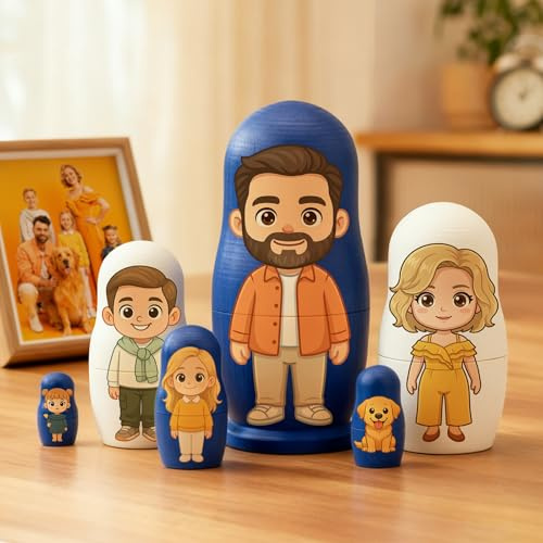 Soview Custom Portrait Russian Nesting Doll Family Personalised Photo Nesting Dolls Set Customise Matryoshka Dolls Unique Home Desk Decor for Famliy Couple (Style 1)