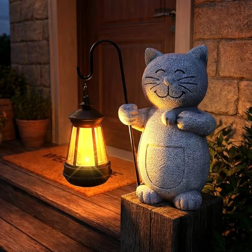 MDIOUM Cat Statue Garden Ornaments with Solar Lantern Flowerpot | Outdoor Decoration, Art Sculptures for Patio Backyard Porch Ornament, Unique Gift