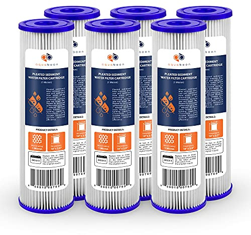 Aquaboon 1 Micron Pleated Water Filter 10 x 2.5 - Whole House Sediment Filter Replacement Cartridge Compatible with WFPFC3002, WHKF-WHPL, 6-Pack