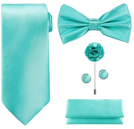Tie G U Style - Männer Set mit 5 Krawatten in einer Geschenkbox: Krawatten-Sets: Einfarbige Krawatte, Satin-Fliege, Einstecktuch, Revers, Manschettenknopf (A - Aqua)