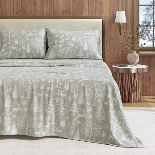 Great Bay Home 100% turkisk bomull drottning vinter flanell lakanset | djupficka dra-på-lakan, mjuka lakan | varma stuga lakan | anti-piller flanelllakan (drottning, förtrollade trä – blå)