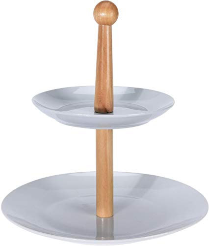 matrasa Porzellan Etagere - 2-stöckig mit Holzgriff - Gebäck Pralinen Servierständer 24x27cm