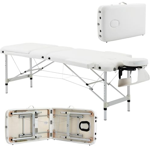 HOMCOM Foldable Massage Bed Portable Table, 3-Section Aluminium Foldable Beauty Couch, Professional Salon Spa Table with Headrest Support and Carry Bag, 81 cm Width, White