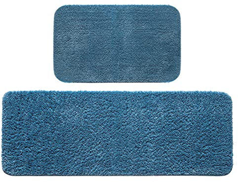 MIULEE Badematte Duschvorleger Badvorleger Flur 2er Set rutschfest Matte Teppiche Badteppich Badezimmerteppich Waschbar Saugfähig für Bad Wohnzimmer Blau 40x60 cm und 45x120 cm