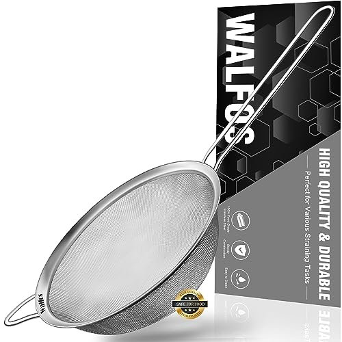 Walfos Fine Mesh Strainers, Premium Stainless Steel Colanders and Sifters, with Reinforced Frame and Sturdy Handle, Perfect for Sift, Strain, Drain and Rinse Vegetables, Pastas and Tea(20cm