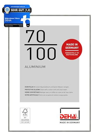 DEHA Design Bilderrahmen, 70 x 100 cm, Aluminium, Grau matt, Posterrahmen zum Aufhängen im Hoch- & Querformat, bruchsicheres Kunstglas, Tribeca