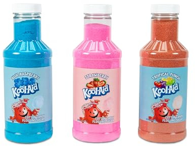 Nostalgia Kool-Aid Cotton Candy Variety Kit – 3 Flossing Sugar Flavors (Blue Raspberry, Strawberry, Tropical Punch) – 7-oz Bottles – Compatible with Cotton Candy Makers – Party Supplies