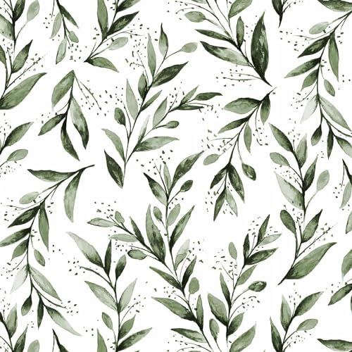 Livebor Green Leaf Wallpaper Peel and Stick Olive Leaf Contact Paper 17.7inch x 118.1inch Green Peel and Stick Wallpaper Modern Farmhouse Wall Paper for Bathroom Neutral Sage Decorative Vinyl