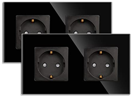 JIMEIDA 2 Pack Doppelsteckdose in Schwarz, 16Amp Glas Schuko Steckdosen Unterputz Schutzkontakt Wandsteckdose- 157 * 86mm, 250V, 2 Fach