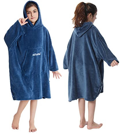 Hiturbo Kids Changing Robe,Hooded Towel Poncho Bath Robe,Wearable Blanket Swimming Bathrobe,Fleece Dressing Gown for Beach,Bathing,Surfing,Indoor & Outdoor Activities Navy