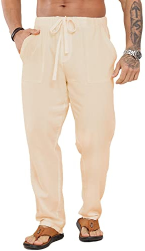 Halfword Pantalones Lino Hombre Verano Casuales Anchos Largos Pantalon Blanco Playa Yoga Beige XXL