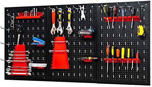 GYMAX Panneau de Rangement Mural pour Outils, Panneau Perforé avec Set de 28 Accessoires, Système de Rangement Mural avec 3 Panneaux, pour Ateliers, Stations de Travail de Maison, Noir+Rouge