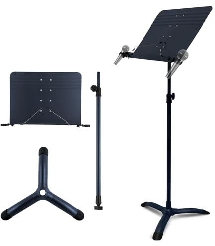 RANMING Music Stand Heavy Duty Music Stand Dual-Use Folding Sheet Music Stand Adjustable Music Note Stand with Microphone Holder Conductor's Sheet Music Stand for Violin,Orchestra (Black Blue)
