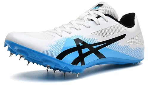 NGARY Chaussures D'athlétisme pour Hommes Chaussures De Course À Pointes with 8 Crampons pour Saut en Hauteur Sprint De Saut en Longueur,White Blue,40 EU