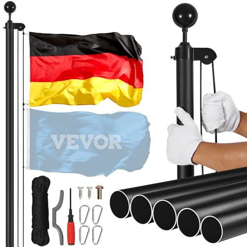 VEVOR Kit de mât de Drapeau détachable 7550 mm, mât de Drapeau Allemand en Alliage d'aluminium dans Le Sol pour extérieur, mât de Drapeaux à 3 Modes d'affichage avec Accessoires Professionnels, Noir