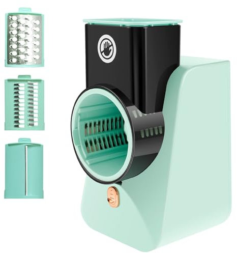 Rallador de queso eléctrico, ensaladora automática con 3 cuchillas diferentes, operación de un solo toque, cortadora eléctrica recargable, rallador de verduras eléctrico portátil para cocina