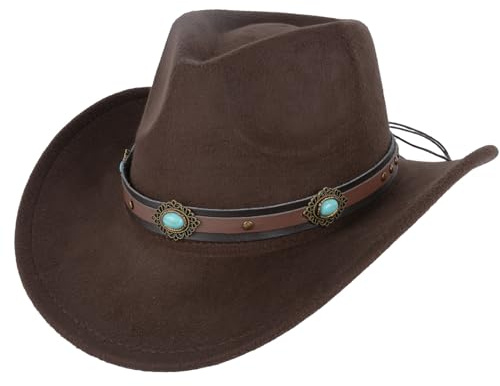 Classic Wool Cowboy Hat for Men and Women Autumn Winter Western Style Felt Hat with Strap Design Decorative Sapphire Band Outdoor Sun Hat(Coffee)