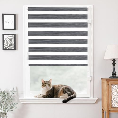 Joydeco Doppelrollo ohne Bohren mit Klemmfix und Anti-Verhedderungszubehör stufenlos verstellbar lichtdurchlässig verdunkelnd Grau B45 x H100 cm(Stoffbreite 41cm)