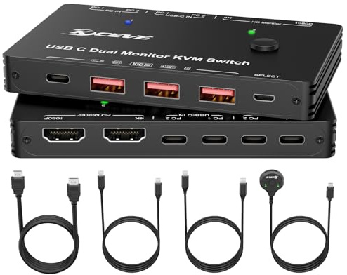 YOUTINGHDAV KVM-switch 2 datorer 2 skärmar USB C, KVM-switch med dubbla skärmar HDMI för 2 bärbara datorer, 2 USB C MST-portar, Typ-C 65W PD, 2 HDMI-utgångar 4K@60Hz, 1080P@60Hz