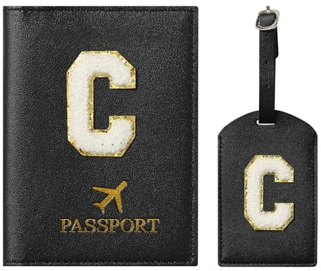 ZVRSUA Ensemble de housse de passeport et étiquette de bagage avec patch de lettre, étui de passeport personnalisé, accessoire de bagage personnalisé, cadeau, très mignon pour les femmes, les