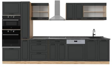 Vicco Küchenzeile R-Line, Anthrazit Landhaus/Goldkraft Eiche, 350 cm ohne Arbeitsplatte, zur individuellen Erweiterung und flexiblen Anordnung geeignet