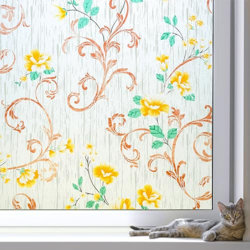 Volcanics Film d'intimité pour vitrail – Film d'intimité décoratif pour fenêtre en verre dépoli – Motif floral – Film électrostatique pour fenêtre de salle de bain – 45 x 200 cm