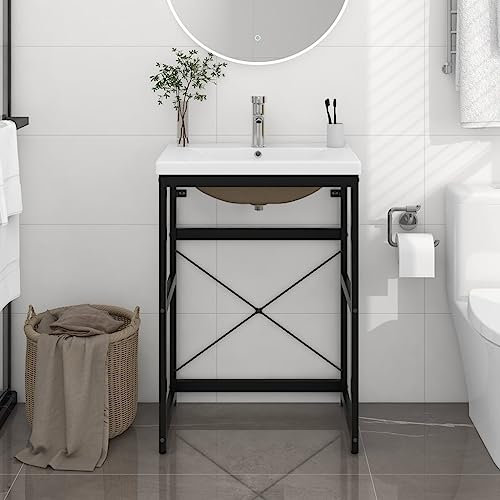NQJIBUE Item-Bathroom Washbasin Frame with Built-in Basin Black Iron,Cabinets & Storage,Vanity Units,Bathroom Vanity Units