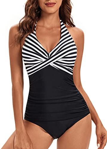 Viloree Femme Maillot de Bain 1 pièce Amincissante Slim Push Up Monokini Dos Nu Bikini Noir a Rayures 4XL