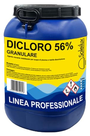SOLEILUX Dicloro Cloro Granulare 56% Rapido per Piscina - 25 kg, Dicloro Stabilizzato a Rapida Dissoluzione per Trattamento Shock, Mantenimento, Iperclorazione, Pulizia ed Igiene dell'Acqua di Piscine