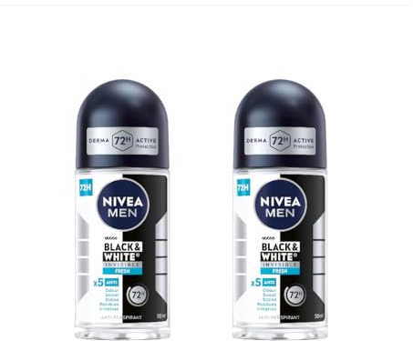 NIVEA Men Black & White Invisible Fresh Anti-Perspirant Roll-On Deodorant 72H Protection, No White Marks or Yellow Stains, Alcohol-Free, Clean Fresh Scent, Gentle on Skin, 50ml Roll-On, Pack of 2